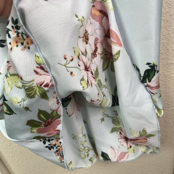 BEBE Women's Baby Blue Floral Satin Cowl Neck Spaghetti Strap Midi Dress S NEW - Picture 5 of 12